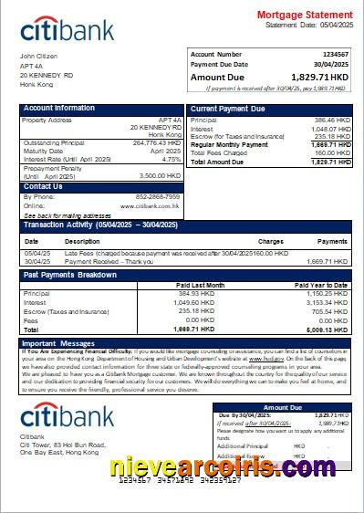 Hong Kong Citibank bank mortgage statement